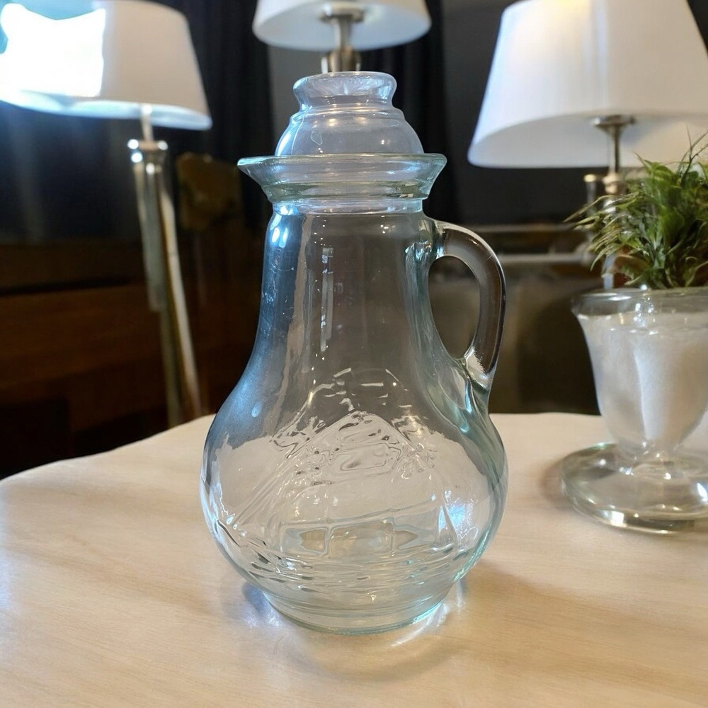 Vintage Clear Glass Pitcher‎ w/ Handle & Lip/Cast Tall Sailing Ship on Sides